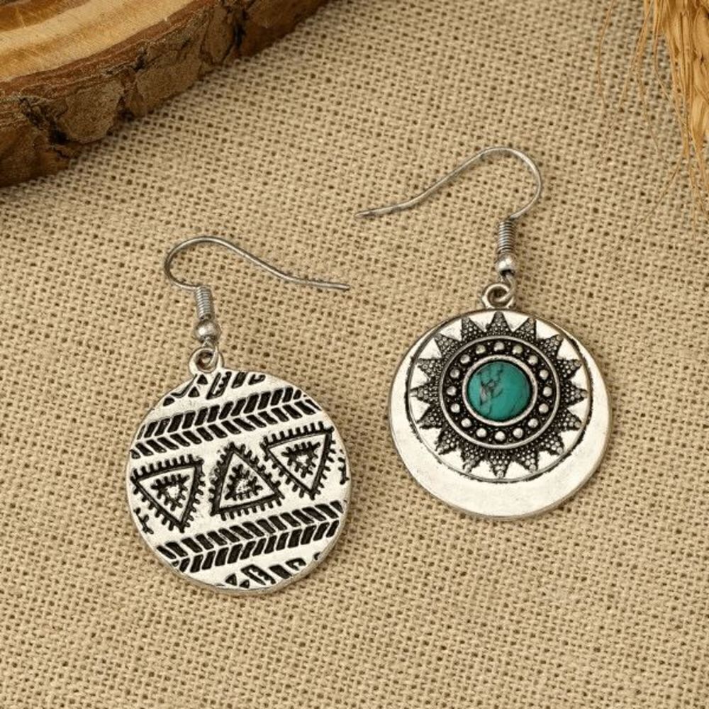 Boho Aztec Western Sun Round Turquoise Dangle Earrings - Picture 5 of 5